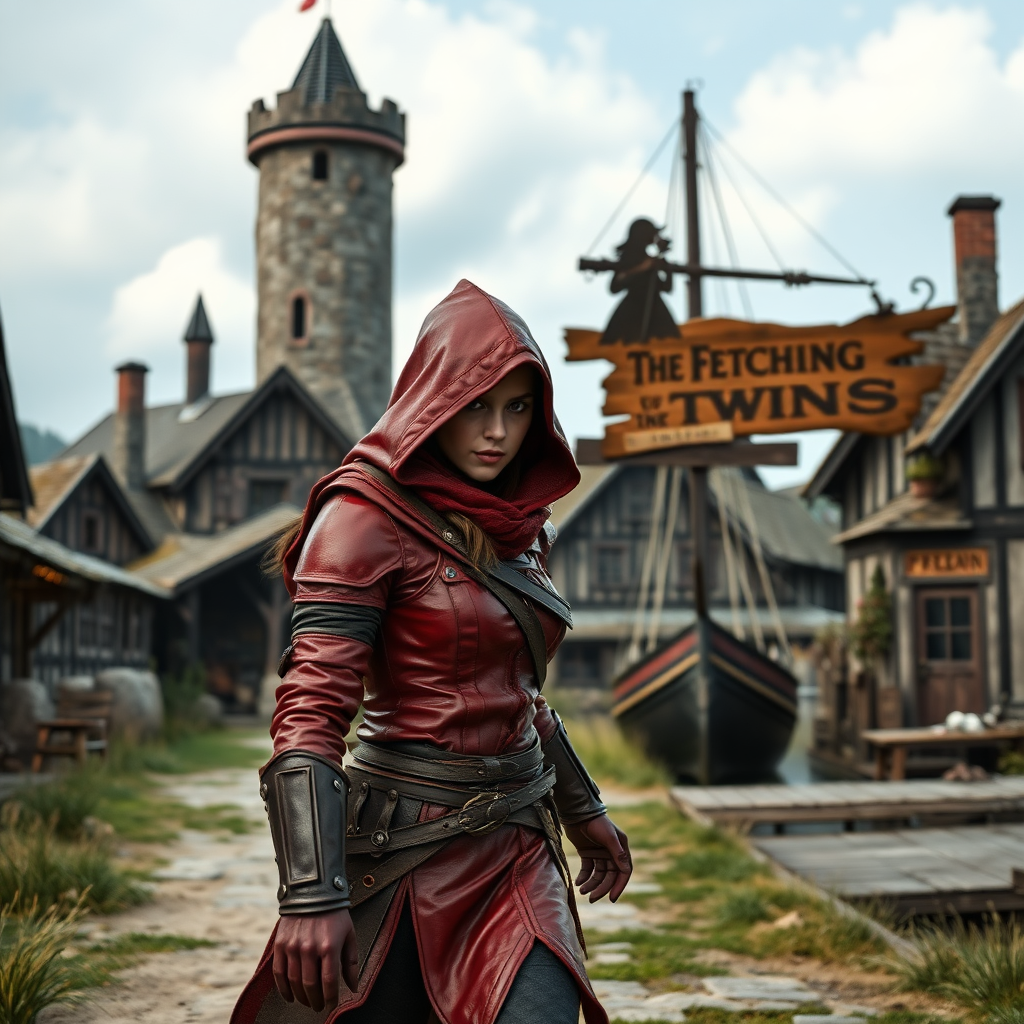 A wide distance shot of a female thief dressed in red leather armor and hood, in a pastoral fantasy town. Mage tower in the background. She is fleeing from someone. Bar called "The Fetching Twins," wooden sign (consisting of a silhouette of two women leaning together for a kiss). Village of Dryden, dock with a run-down ship.