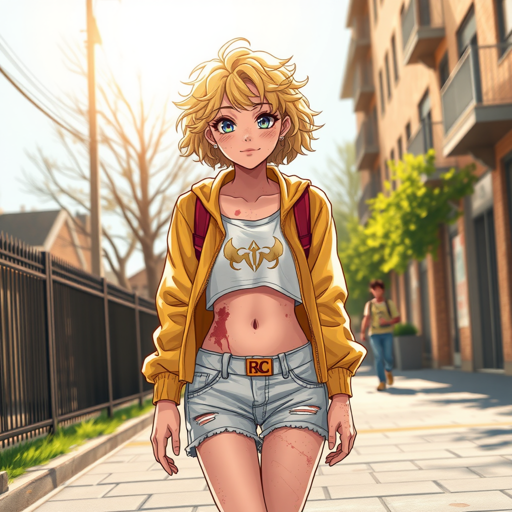 Realistic drawing style image, Extremely good quality 8k resolution drawn manga image of a 15 year old petite and short tomboy girl with golden blonde curly hair with mixed and different colored eyes for each eye and moles on her entire body and is a white American girl, Has on a Gold Jacket over a white extremely short crop top only covering her breasts and nothing more with a design on it, and has on ripped shorts and cool looking sneakers and a deep and big knife cut wound on her stomach from a huge injury she had, with a bright color backpack, ear piercings on, walking on the street to school in the morning with the beautiful sunlight lighting up her body beautifully with no tattoos.