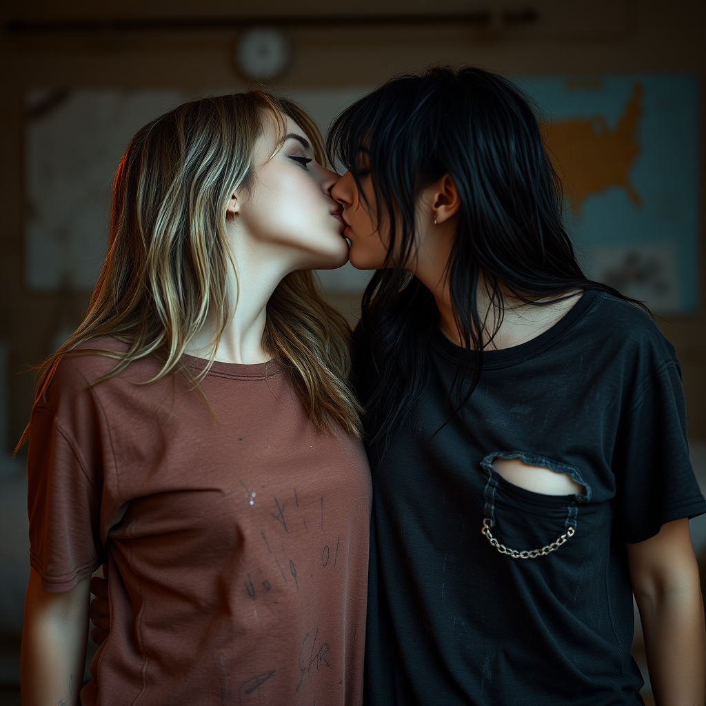 two women in ripped and torn wet t-shirts kissing