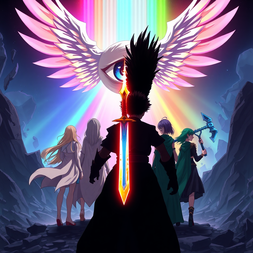 (Anime Styled Art) Set against the void of a shattered world, a radiant, prismatic barrier pulses with vibrant colors, cutting through the darkness like a beacon of defiance. In the center of this surreal battlefield, a colossal mean figure hovers—both divine and terrifying. Its form is angelic yet grotesque, crowned by a singular, malevolent wrathful eye that radiates an aura of dread and wrath, its four ethereal wings spread wide as if to dominate the very sky. The eye's gaze, piercing and all-knowing, locks onto the warriors below, a challenge in the air.

In the foreground, the backside silhouetted figure of a lone warrior stands tall, his dark brown fohawk rippling in the stillness, his stance unshaken. In his hand burns a flaming sword, ablaze in shifting hues of rainbow light, as if forged from the very essence of the barrier itself. Behind him, three allies stand ready—each a force of nature in their own right. To his left, backside a mage draped in flowing white robes, her long blonde hair cascading like sunlight, magic crackling at her fingertips. To his right backside, a fierce warrior with violet hair, her blue axe gleaming with an unholy power, its sheer size a testament to her strength. Completing the group backside is a striking woman, her short green hair flowing, cloaked in deep emerald robes, exuding an aura of serenity and lethal precision.

Together, they face the overwhelming entity, their resolve unwavering as they prepare for the battle that will decide the fate of this ruined world.