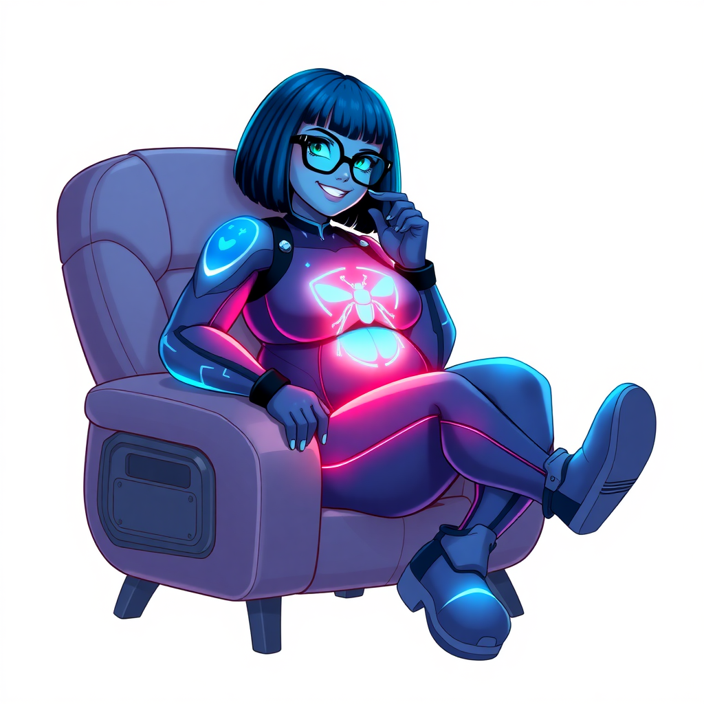 A heavily, extremely, and intensely pampered nerdy full-figured middle blue skinned digital sidekick, a 28-year-old computer major, has been transformed by her doting vigilante boyfriend. Her middle blue skin and bob cut seamlessly integrate with her data, and her neon blue eyes glow with intelligence. Her physique, now showcasing a gargantuan round midsection, massive limbs, and broad shoulders, contrasted by a slim face, clearly reflects her indulgence and pampering. Her full figure is prominently highlighted, with her gargantuan, rounded midsection and massive limbs emphasizing her pampered status. As the loyal and supportive sidekick, she plays a crucial role in their missions, using her digital prowess to assist and protect.

She wears a digital, computerized maximum blue bodysuit, featuring a glowing neon blue beetle chest icon and matching high-tech gloves. She bashfully giggles with a neon red blush, emitting neon blue data cubes from her body. Her full figure, now even more plump and heavily emphasized by her nerdy appearance, clearly shows how pampered she is. Her nerdiness is accentuated by her black oversized eyeglasses.

Her outfit, influenced by DC’s Jennifer Knight Phantom Lady, remains distinct. Adding to her pampering, she serves as his minicomputer, traveling in his high-tech wristwatch and supercar’s computer system. Using her ability to hack into computers and machines, she relays crucial knowledge relating to his missions.

In her new pose, she sits comfortably on a plush, high-tech chair with one leg crossed over the other, her oversized glasses slightly askew as she adjusts them with a bashful smile. Her relaxed posture and content expression, combined with the glowing data cubes around her, clearly reflect her status as a heavily pampered, nerdy digital sidekick. Her gargantuan, rounded midsection and massive limbs are prominently displayed, emphasizing her indulgence and pampering while maintaining her nerdy physique. She is on a solid white background. She is drawn as if she was in a retro 2D cyberpunk fighting game.