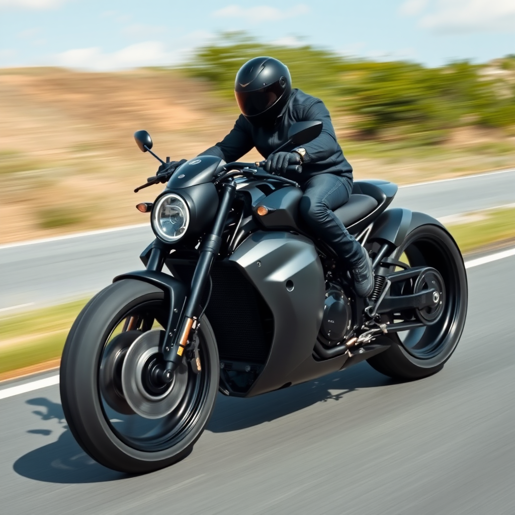 Futuristic custom motorbike, Porsche style, wide tire, bold, with driver, road motion blur