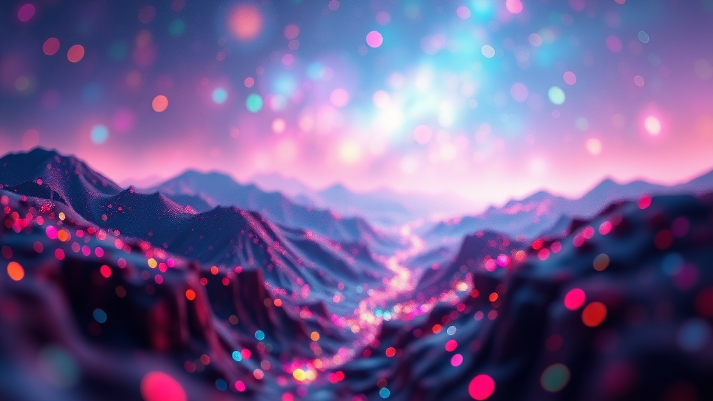 mandelbulb landscape, microscopy, Low Key Lighting, dreamscape, nebula, Bokeh, abstract, brilliant colors, glittering, translucent, iridescent, glowing, artistic photo, panoramic, airy, original, experimental, interdimensional, generative art, fractal