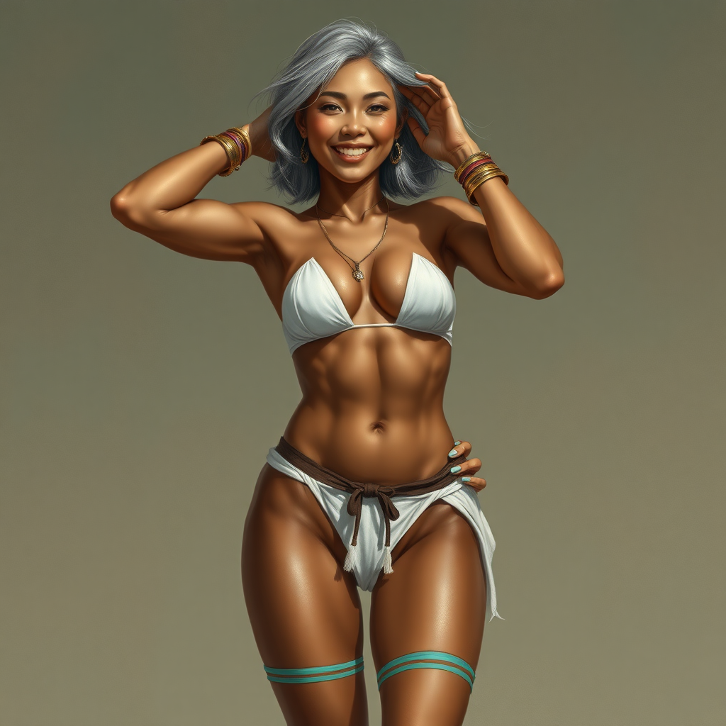 Uncommonly tall for a woman; being 6' (183cm) tall. She has brown skin and short flowing silvery hair. She is barefoot and has long, powerful legs. She has abs and is muscular. Her fingers and toenails are painted sky-blue. Her attire consists of a white primitive scant revealing two-piece bikini-like outfit with pale red, sky-blue, gold and purple bands on her neck, arms, wrists, shins, and ankles. fantasy painting high contrast, symmetrical proportional asian face. well-drawn, highly detailed, and beautiful rendering. One hand behind head, exposing armpits, another hand holding hips, joyful smile, exaggerated tilted sexy pose.