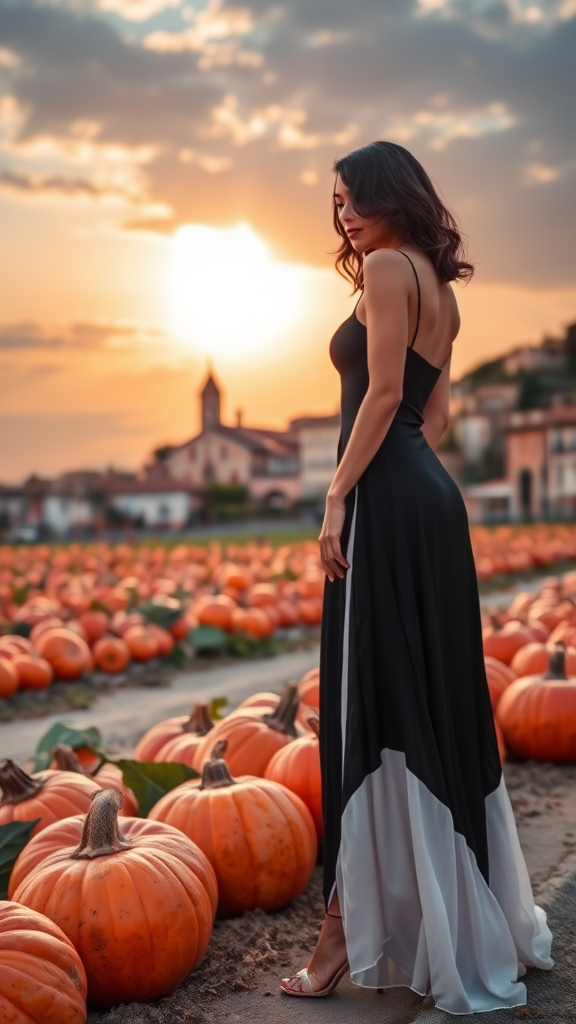 On the left, a beautiful model in a long black and white dress, medium-length layered black hair, wearing 12 cm heels, in the background a field of large red pumpkins, in the backdrop a Venetian village with a small church, a sunset sky with the sun and clouds.