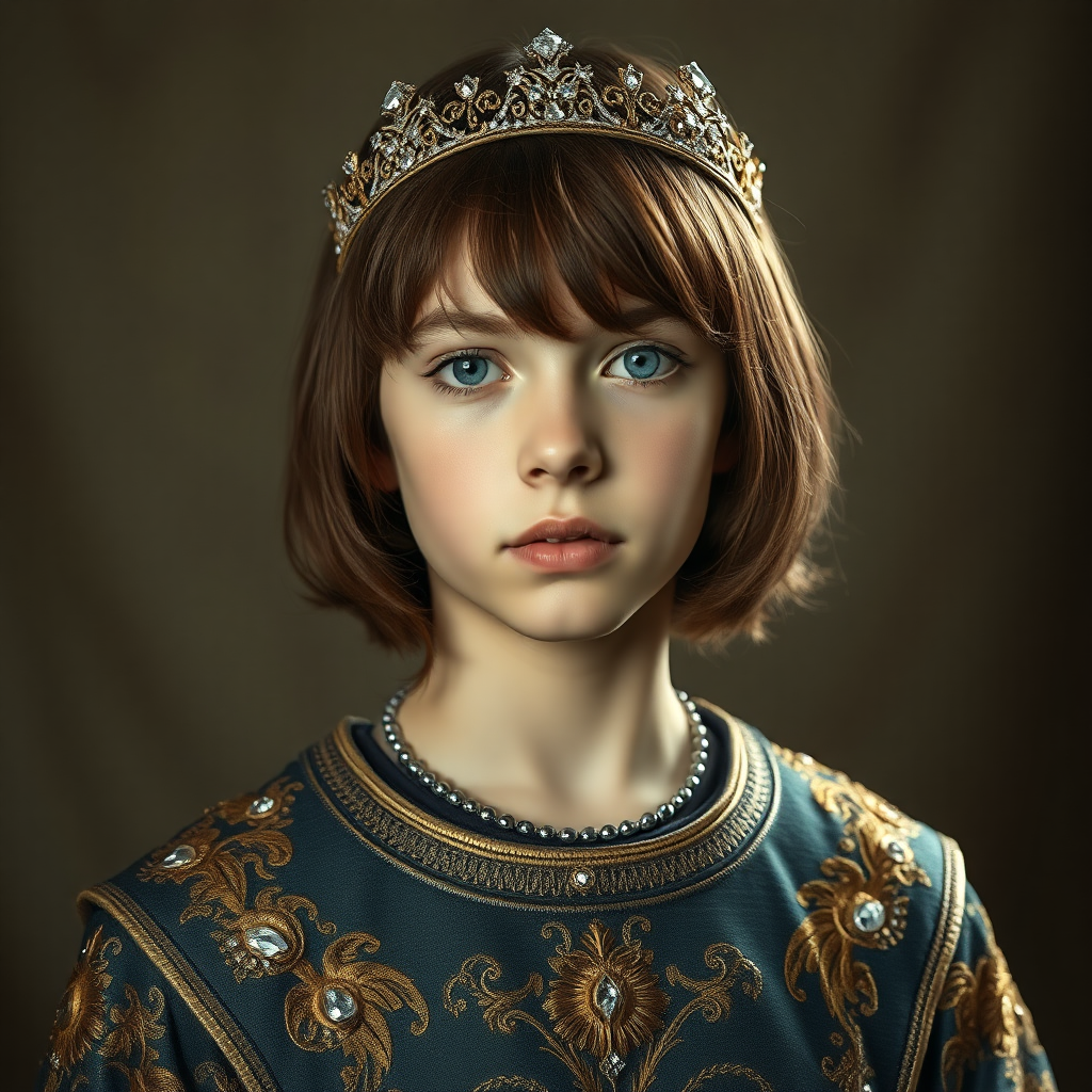 16yo teen boy prince, long bob cut, embroidered with gold and diamonds medieval cloths, diamond diadem. photorealistic, ultra high resolution, 16K,