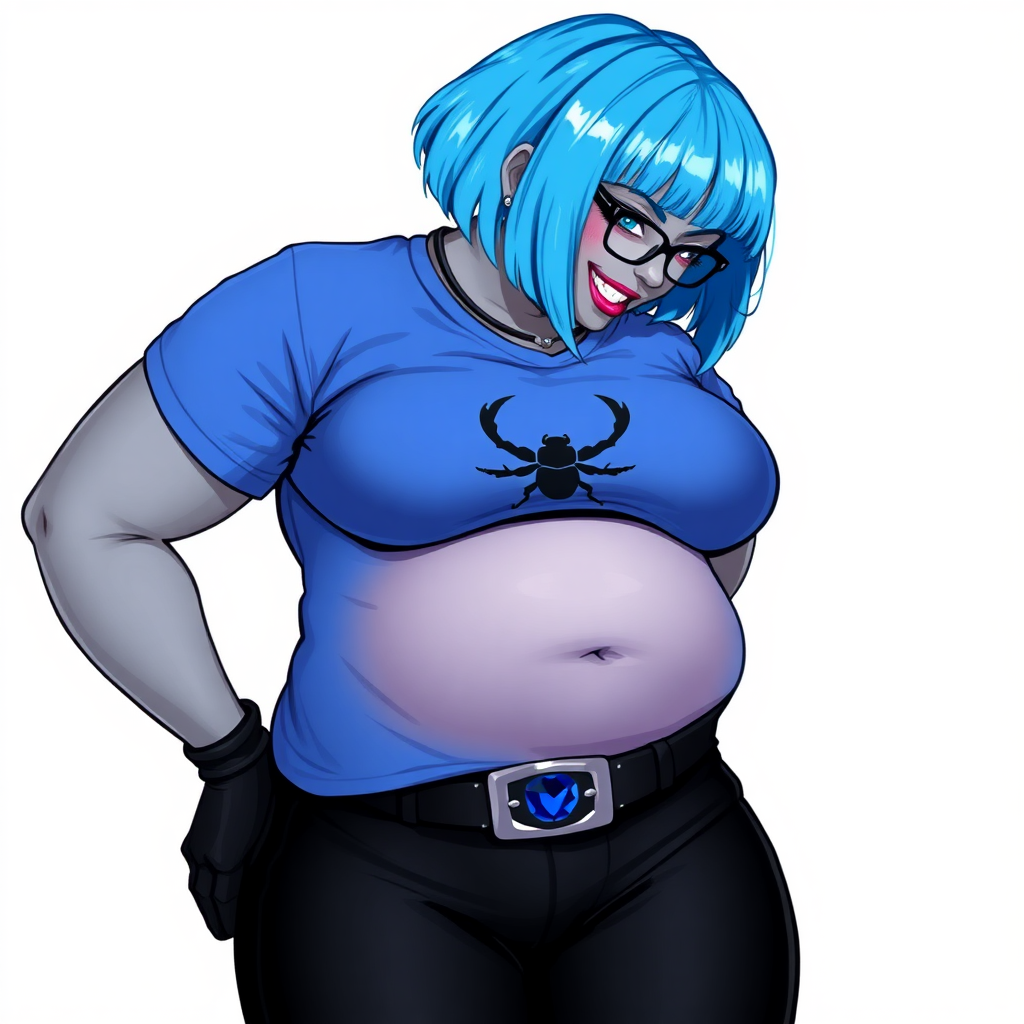 A 28-year-old, full-figured, metallic middle gray skinned computer program hybrid with a short maximum blue bob cut. She has a non-athletic build, highlighted by a prominent, round midsection (with a focus on her round belly). As a digital sidekick to her cyberpunk vigilante boyfriend, her middle gray metallic skin and maximum blue lipstick emphasize her digital nature. She wears a tight-fitting, maximum blue t-shirt (accentuating her belly) with a black chest icon of a beetle on its chest, black pants, a black belt with a sapphire scarab buckle, and black gloves. Her bright blue eyes, black eyeglasses, and shy smile with neon red blush accentuate her nerdiness. She bashfully bows her head with her hands behind her back, her t-shirt covering her midsection (especially her belly) and emphasizing her full-figured, non-athletic physique. She is on a solid white background. She is drawn as if she was in a retro 2D cyberpunk fighting game. She is clearly non-athletic, with a focus on her full figure. Make sure her t-shirt covers her midsection (especially her belly).