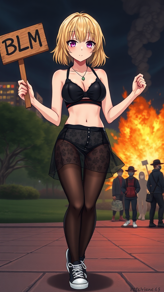 Anime art of a woman, medium blonde hair, a black, sleeveless crop top that reveals the woman's black bra and a high-waisted, wicked smile, large breast, patterned transparent mini skirt that showcases a mix of black and white colors. She is also wearing black sheer tights and black sneakers with white laces, holding a wooden sign in 2 hands which says "BLM" in air. Park and 1 building on fire at night from riots background, rioters set off an explosion ripping off her skirt completely showing her black-laced underwear underneath it all.