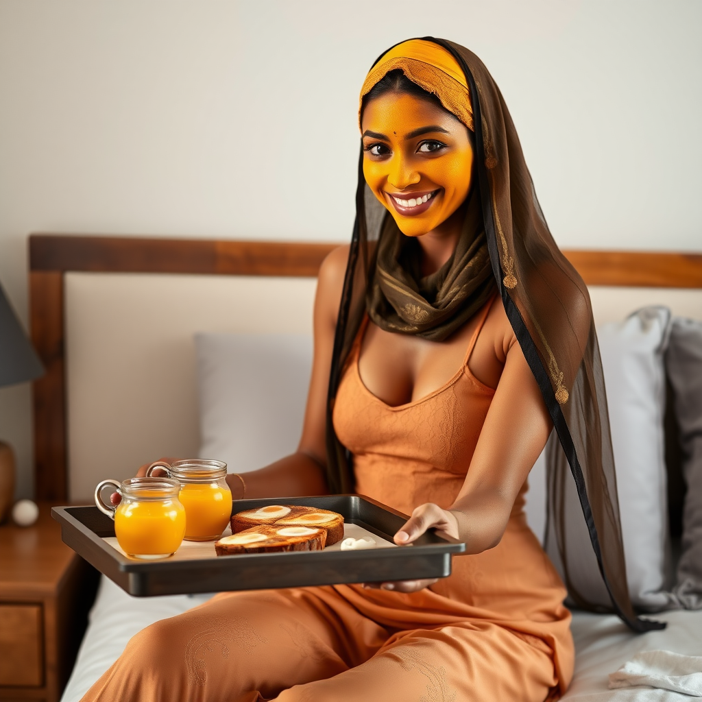 slim, 30 year old, sexy, indian wife, scarf head, turmeric face mask. She is smiling and serving breakfast on a tray on bedside table