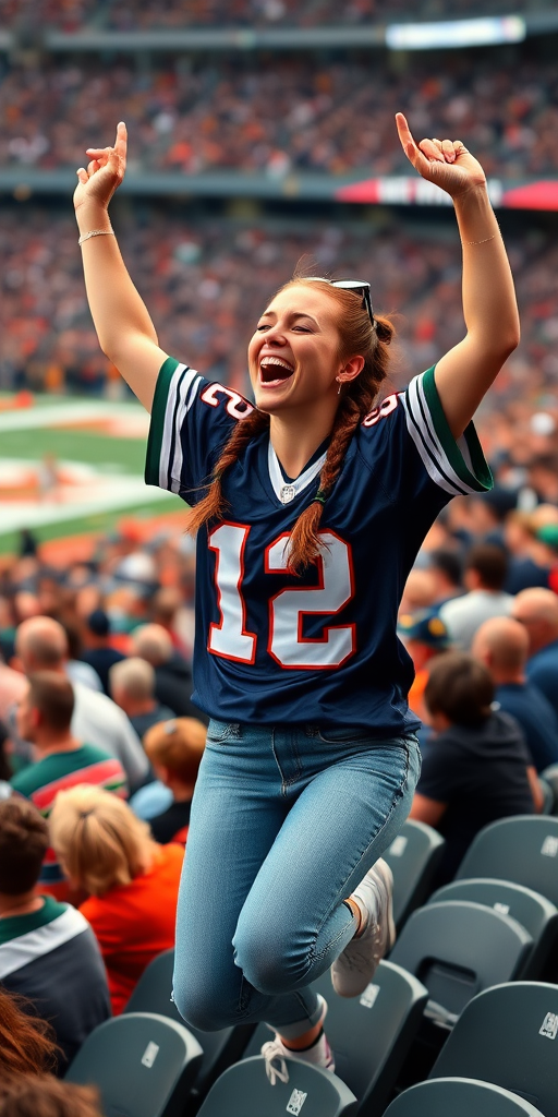 Very attractive female NFL fan, pigtail hair, jersey, hollering, arms raised, jumping in crowded bleacher row, NFL stadium