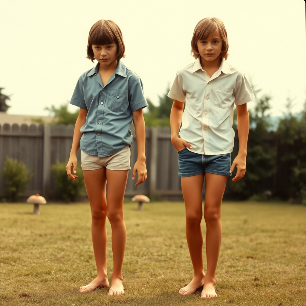 Two tall 14-year-old teen boys, long hair bob cut, wearing shirts and very tight booty shorts, long legs, narrow thighs, full-length view. 1970s. Playing in the backyard. Photorealistic, ultra high resolution, 16K. Negative: grainy, blurry, bad anatomy, extra limbs, watermark.