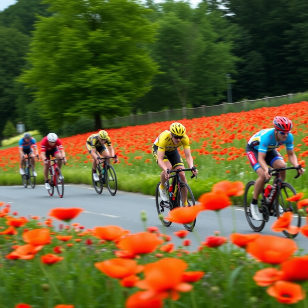 the peleton of the tour de france whizzes past a field of poppies