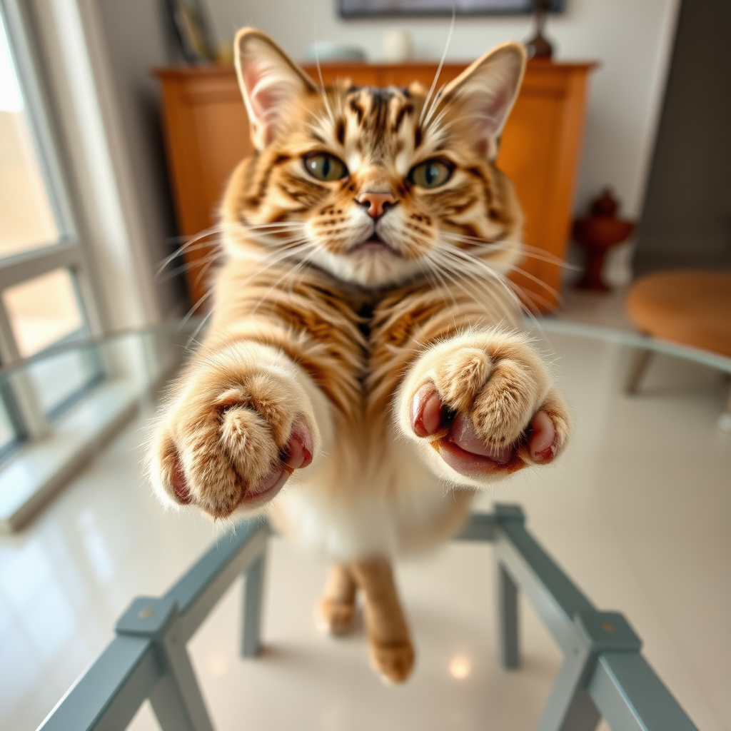 The cat's four paws are on the transparent dining table, with the camera shooting from below the table upwards to capture the cat's four meaty paws.