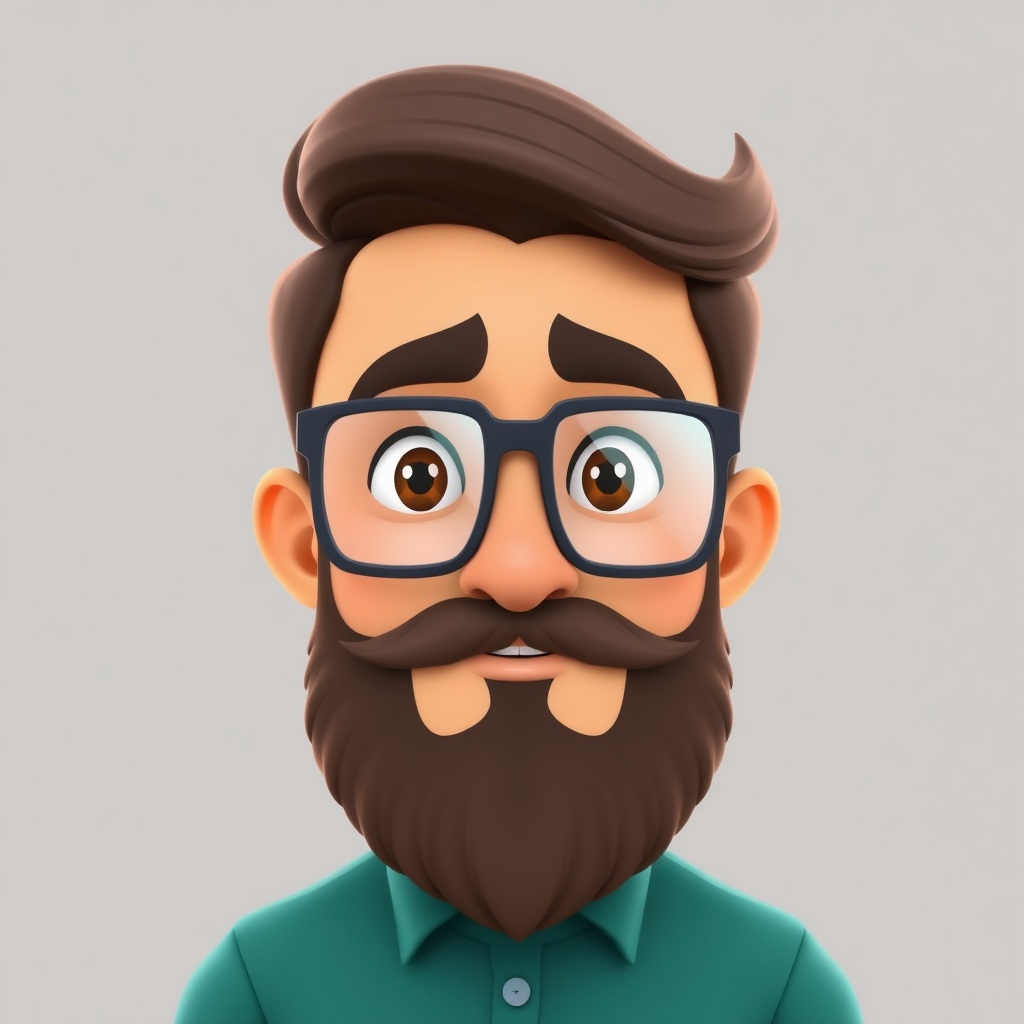 Cartoon 3d Avatar of a asian arab guy with spectacle and long beard, but short to medium moustache and hair style on level 5 norwood scale