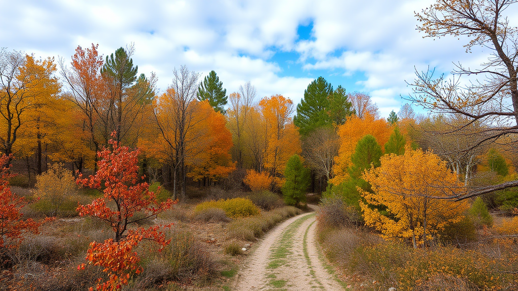 Autumn forest with Mediterranean vegetation with a pathway, sky with clouds.