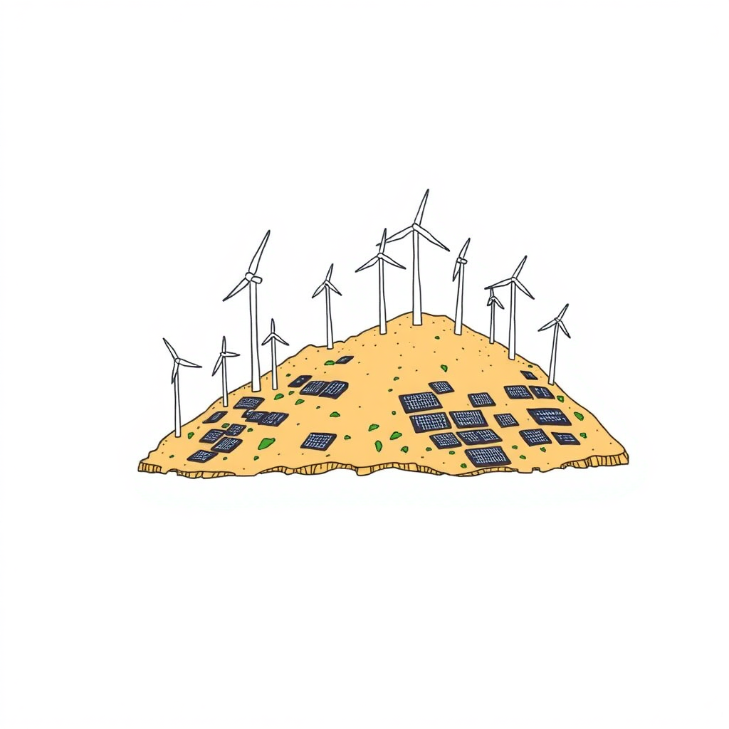 I draw Sardinia, showing it being overwhelmed by huge wind turbines and solar panels. The style is a minimalist colored drawing.