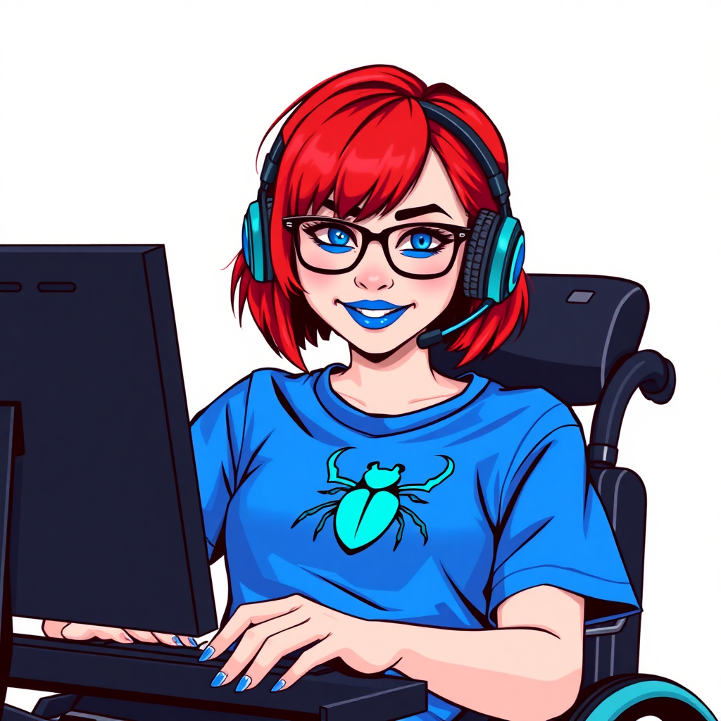 A nerdy, 28-year-old computer hacker in a wheelchair, with a unique, fiery crimson bob cut, maximum blue lipstick, and piercing blue eyes. She wears a maximum blue t-shirt adorned with a maximum turquoise chest icon of a beetle. Her accessories include a sapphire headset, sleek black eyeglasses, a lovestruck smile, and neon red blush. She serves as her vigilante boyfriend’s tech expert from his secret hideout, diligently working at her computer. The background is a solid white. She is drawn as if she was in a retro 2D cyberpunk fighting game. Ensure her hair color is distinct from DC’s superheroine Oracle and any other character.