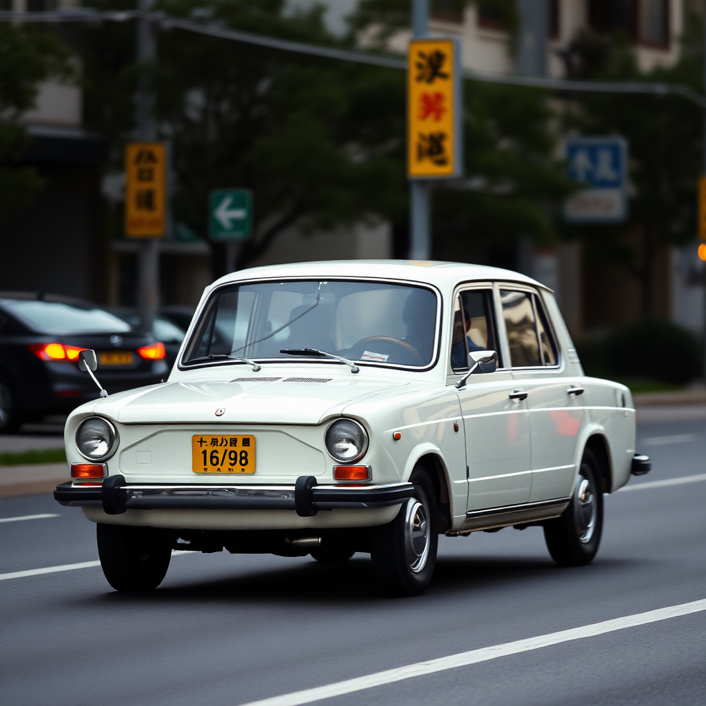 a white car is driving down the street, a picture, unsplash, shin hanga, 70's, looking regal and classic, fuji lut, poorly lit, mazoku, devils, lada, lowres, iso 500, backlighted, foam, vehicle photography, frank fanzzeta, 1 2 k, japanese, single light, basic, italian masterpiece