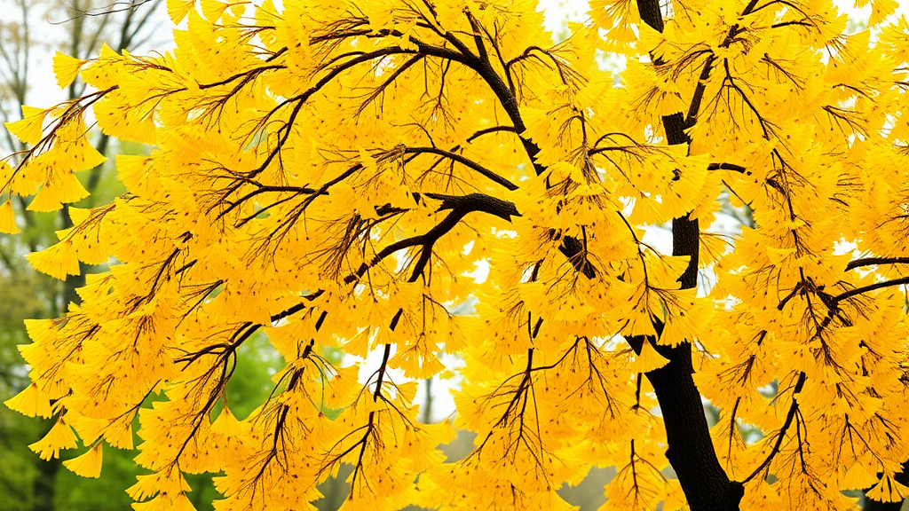 A realistic yellow ginkgo tree, the layout is a large yellow ginkgo tree placed entirely on the right, with ginkgo leaves falling underneath, and the background expressed as out of focus, so that the tree is not cut off.