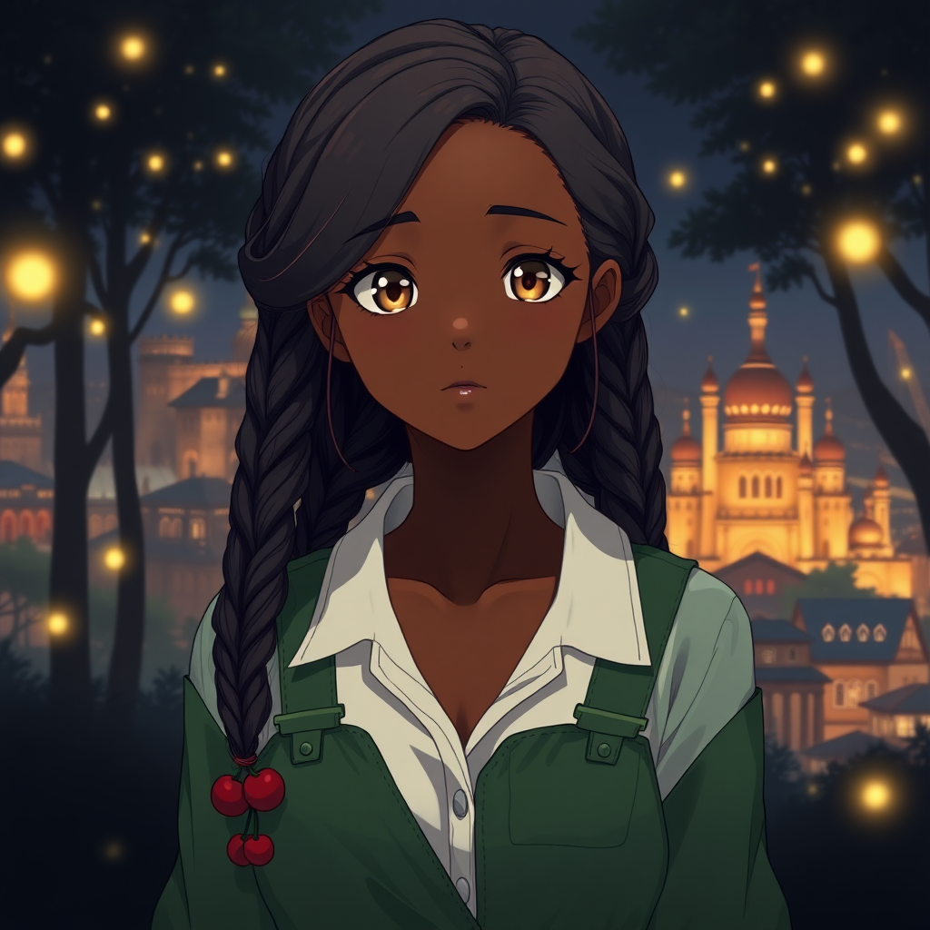 Create an anime style image of a 25-year-old woman with ebony skin. Her eyes are light brown in color. Her hair is slightly wavy and tied in two braids. She has delicate features, and her face is strong and cute at the same time. She wears a green jumpsuit and a white blouse underneath. Her skin appears to have a slight wooden appearance. It's in the middle of a dark forest, lit by fireflies that glow softly. In the background, a city with fantastic architecture, giving a magical touch to the scene. The image must be anime style, capturing every detail with precision and 8k quality. It looks like a photograph. Extremely realistic. 25 years old. At the end of her braids, she has two cherry-shaped elastics. Beautiful. Beautiful. Anime. Beautiful appearance. Wooden-looking face.