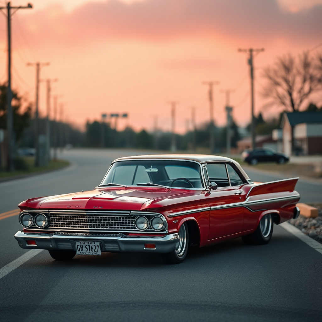 the drag car is parked on the side of the road, inspired by Taiyō Matsumoto, tumblr, restomod, nd4, c4 metallic shine candy red classic american low rider custom ford