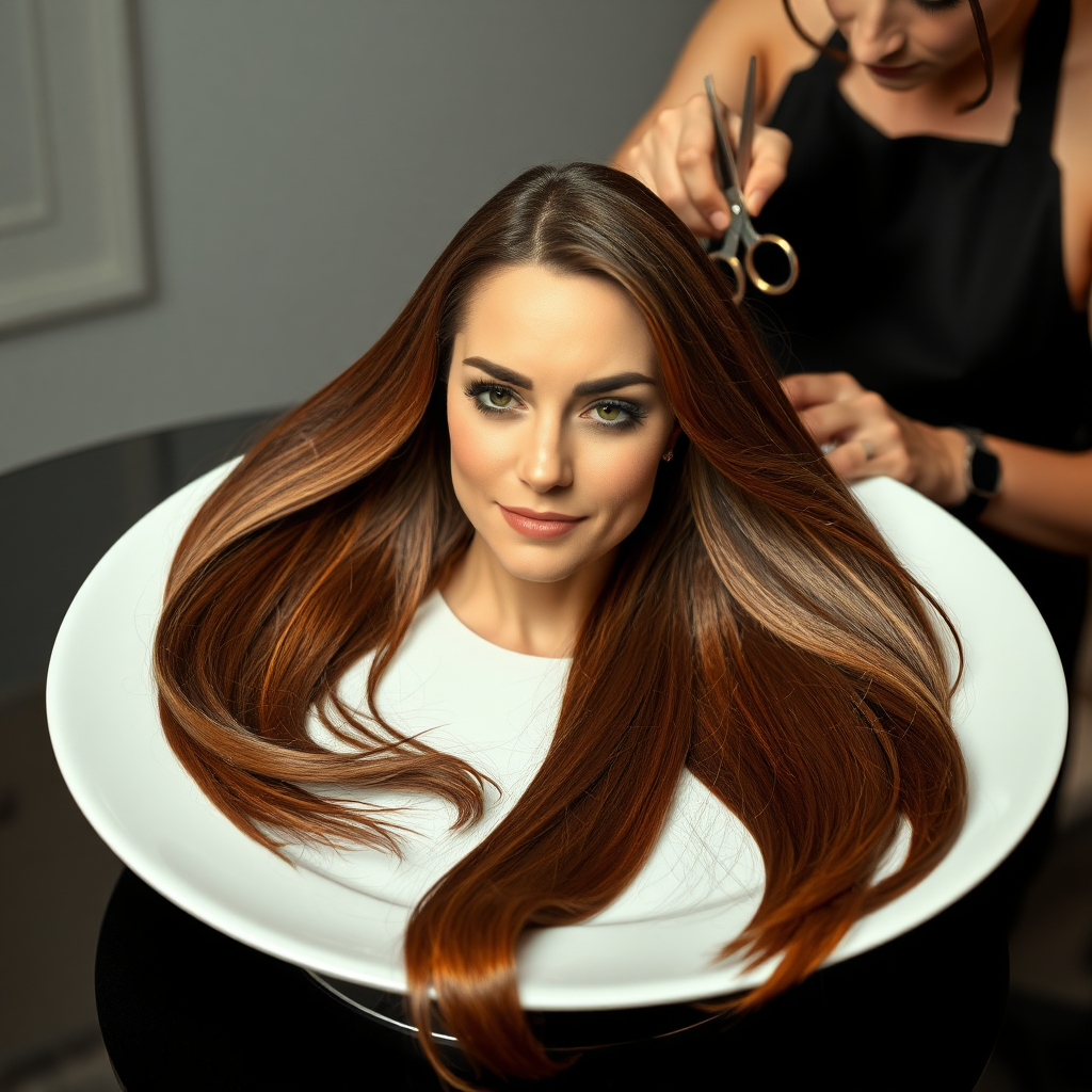 In a bizarre, surreal tableau, the polished surface of an elegant dining plate cradles the disembodied head of a strikingly beautiful Kate Middleton, her long, flowing hair cascading like a glossy waterfall of deep chestnut and honey highlights. The hair is luxuriously arranged, strands shimmering under the soft, ambient light that bathes the scene in an ethereal glow.

A skilled hairdresser, clad in a sleek black apron, stands poised with a pair of gleaming scissors, carefully trimming the endlessly luxurious locks that frame Kate's serene, almost ethereal features. The air is thick with the scent of salon products mingling with delicate hints of floral fragrances, creating an unusual yet strangely inviting atmosphere. The hairdresser's focused expression reveals a meticulous dedication as snippets of hair fall gracefully onto the pristine plate, echoing a sense of both artistry and absurdity.

The overall emotional tone conveys a dreamlike quality, inviting viewers to ponder the juxtaposition of beauty, identity, and the bizarre circumstances that bind them in this extraordinary moment.