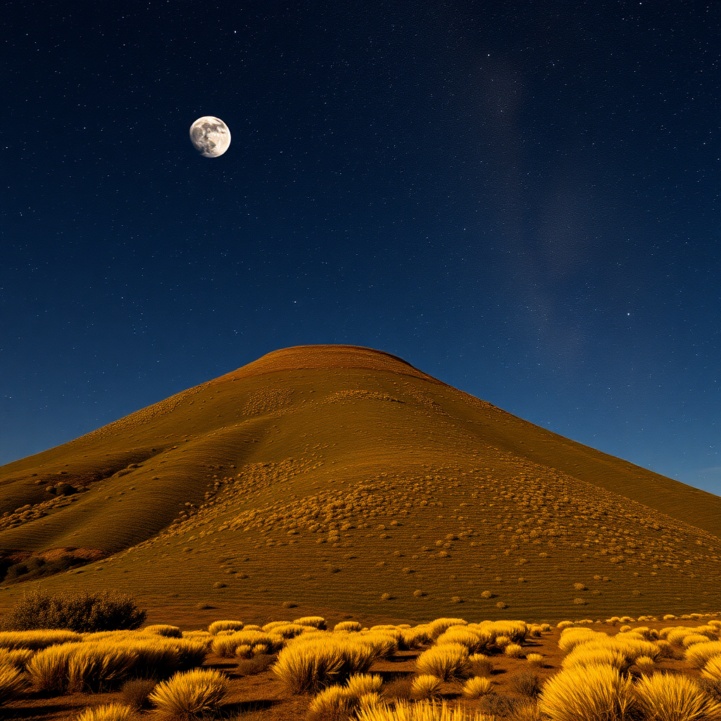 Hilly area of Marmilla, conical hill with low yellowed vegetation, with the Moon and dark sky full of stars, and the Milky Way.