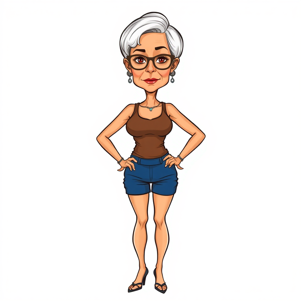 a towering 55 Years old, fit, slim, European, Latina, sharp aquiline nose, wrinkles, high cheekbones, Middle Eastern, Skinny, Tanned skin, Dark light skin, Rounded Medium breasts, Skinny thighs, full Makeup, jewelry, Serious face, Sharp nose, Ash hair, short bowl haircut, Brown eye color, Glasses, with detailed features. Hands on hips, she is wearing a brown tight tank top and tight blue ruched shorts, detailed fabric. full body, high heels sandals, she is gesturing at the viewer, long establishing shot, 2D, caricature, cartoon, Sketch lines, coloring book, nlack and white, coloring book style on white background, well composed, clean coloring book page, No dither, no gradient, strong outline, No fill, No solids, vector illustration, realistic proportions