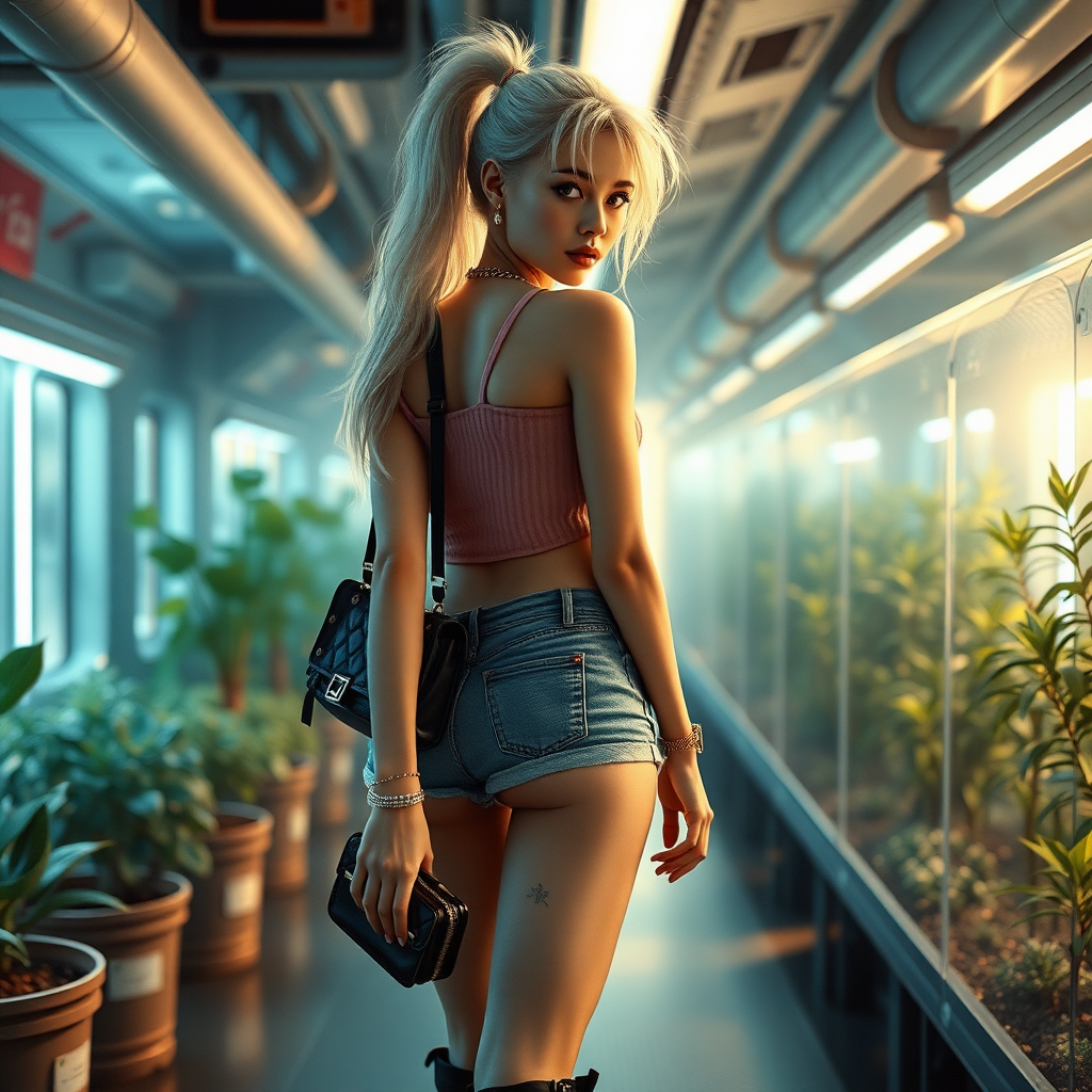 A full body shot of pretty girl like (ana de armas). pale, freckles, eyeliner, messy long white hair in a ponytail. crop top, short shorts, cyberpunk 2077, space station, crop terrarium, high heel ankle boots, collar, purse and jewelry. lips slightly parted. Photorealistic digital matte painting, soft focus, film grain, lens flare. she is walking away from camera.