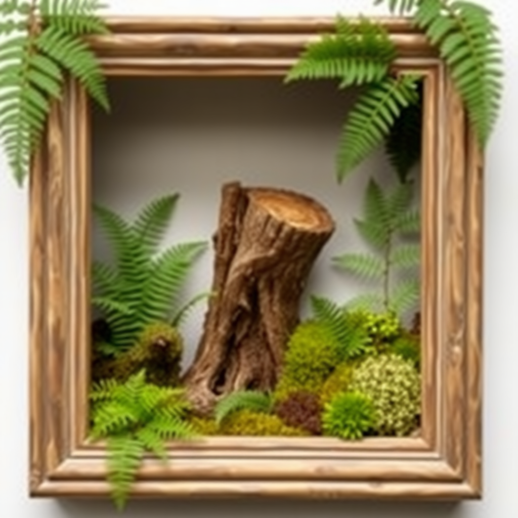 A picture frame is filled with ferns and moss, with a piece of dead wood standing in the middle.