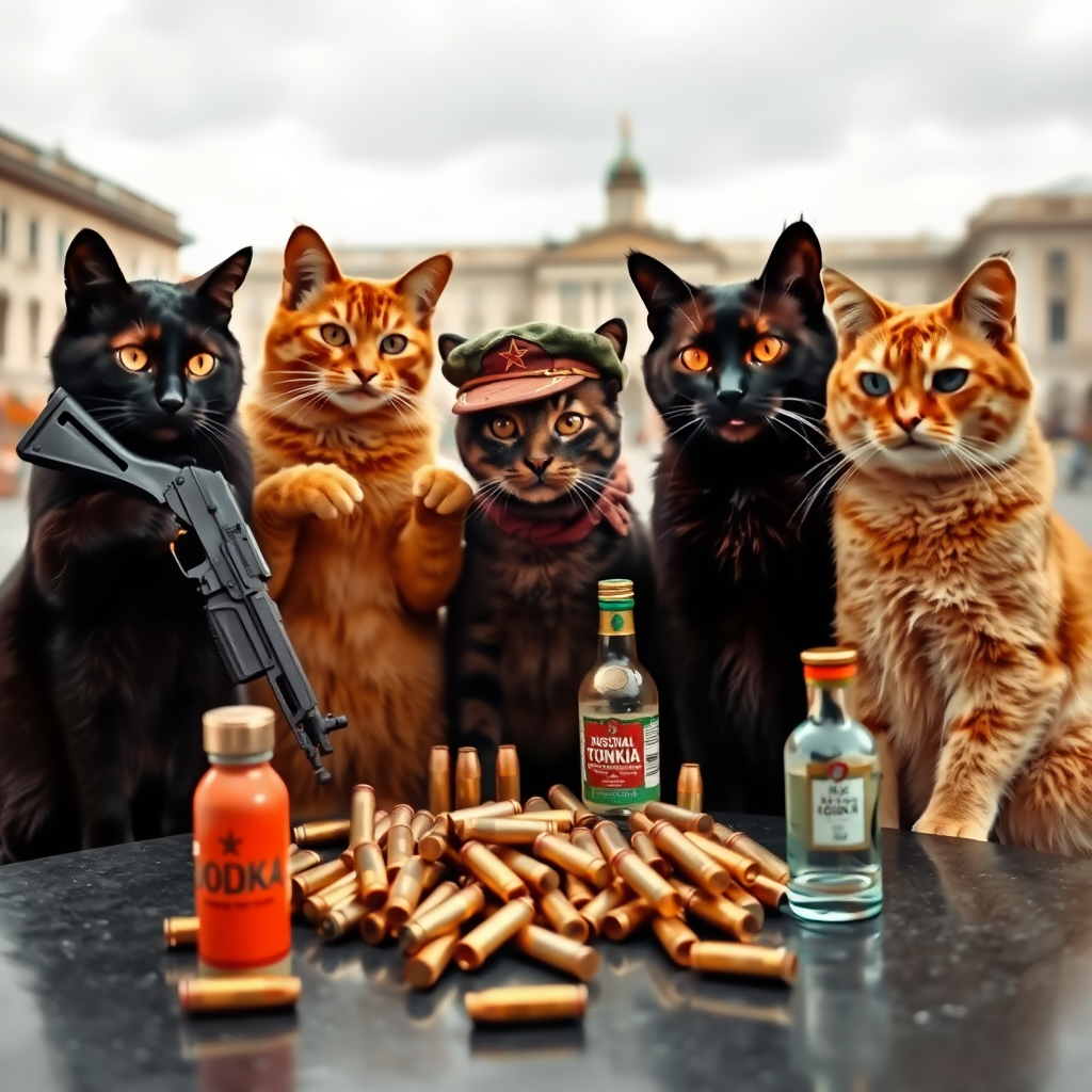 4 cat-men in a large square, a dark-skinned one holding an AK-47, an orange one with a Russian military cap, a dark brown and a light brown one, communist from the USSR with VODKA, around a table with bullet casings on it (silver photo style)