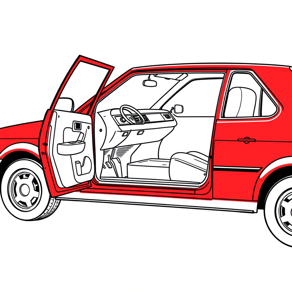 red vw polo II car, driver's door wide open, long establishing shot, 2D, caricature, cartoon, Sketch lines, coloring book, coloring book style on white background, well composed, clean coloring book page, No dither, no gradient, strong outline, No fill, No solids, vector illustration, realistic proportions, blueprint, left side view