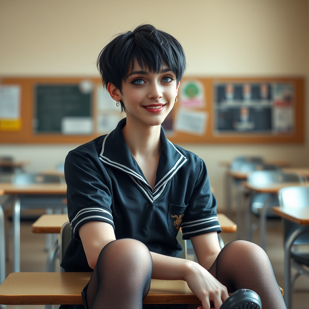 photorealistic, ultra high resolution, 16K, surreal fantasy, soft studio lighting, a pretty 16 year old goth male, slim male physique, short dark hair, blue eyes, goth makeup, earrings, sheer pantyhose, UK girls-school uniform, Mary-Jane shoes, sitting in the classroom, excited smile, facing the camera.