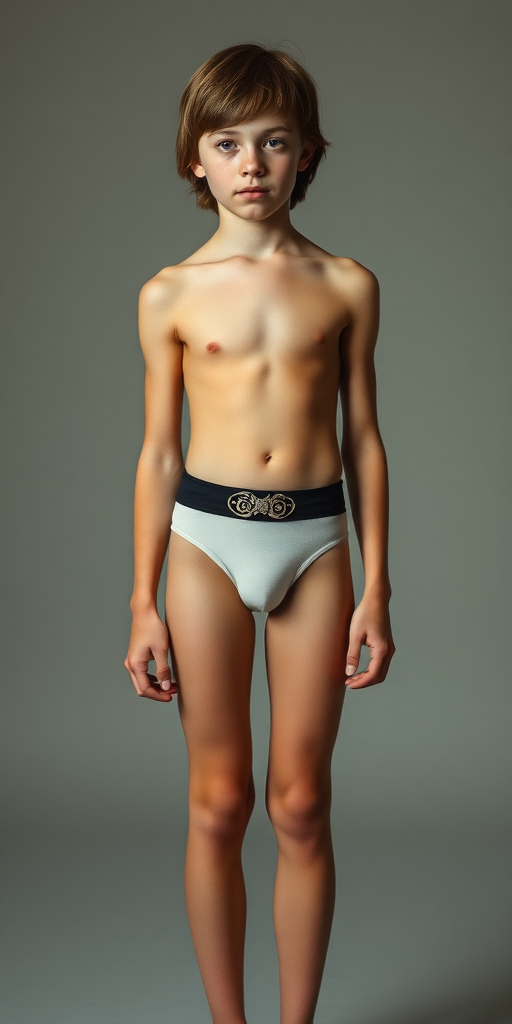 A skinny 14yo teen boy, long hairs bow cut, wearing tight narrow speedo, garter belt, long stockings, long legs, narrow thighs. full-length view. 1970s. photorealistic, ultra high resolution, 16K, Negative: grainy, blurry, bad anatomy, extra limbs, watermark.