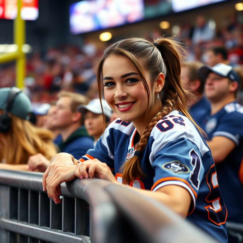 Female NFL fan, hot, pigtail hair, jersey, leaning forward over barrier, cheering, looking at TV camera, inside front row crowd, TV camera angle shot