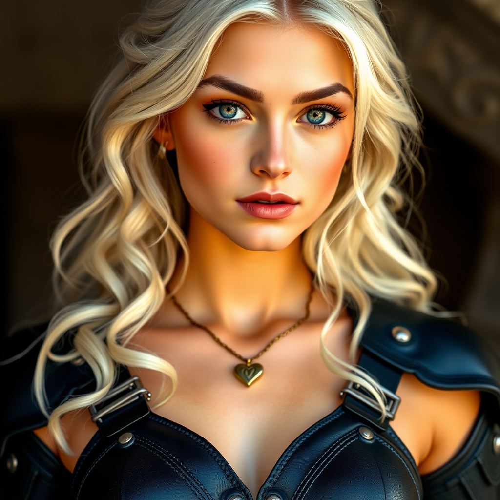 Portrait of a beautiful young woman with long wavy platinum blonde hair, green eyes, a suntan, large breasts, and light brown eyebrows. She is wearing black leather armor and a gold necklace with a small heart pendant.