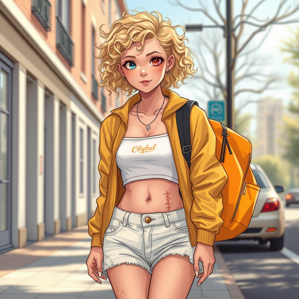 Realistic drawing style image, Extremely good quality 8k resolution drawn manga image of a 15 year old petite and short tomboy girl with golden blonde curly hair with mixed and different colored eyes for each eye and moles on her entire body and is a white American girl, Has on a Gold Jacket over a white extremely short crop top only covering her breasts and nothing more with a design on it, and has on ripped shorts and cool looking sneakers and a deep and big knife cut wound on her stomach from a huge injury she had, with a bright color backpack, ear piercings on, walking on the street to school in the morning with the beautiful sunlight lighting up her body beautifully with no tattoos.