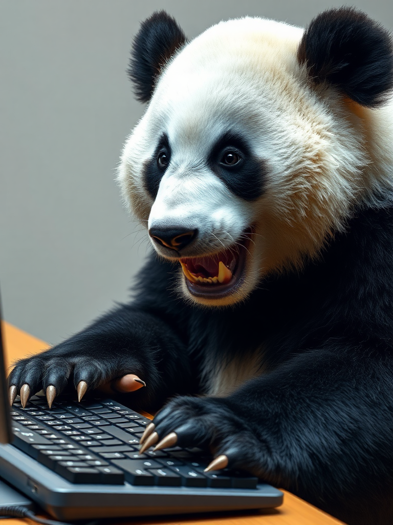 A photo realistic picture of a panda bear chewing on a computer keyboard.