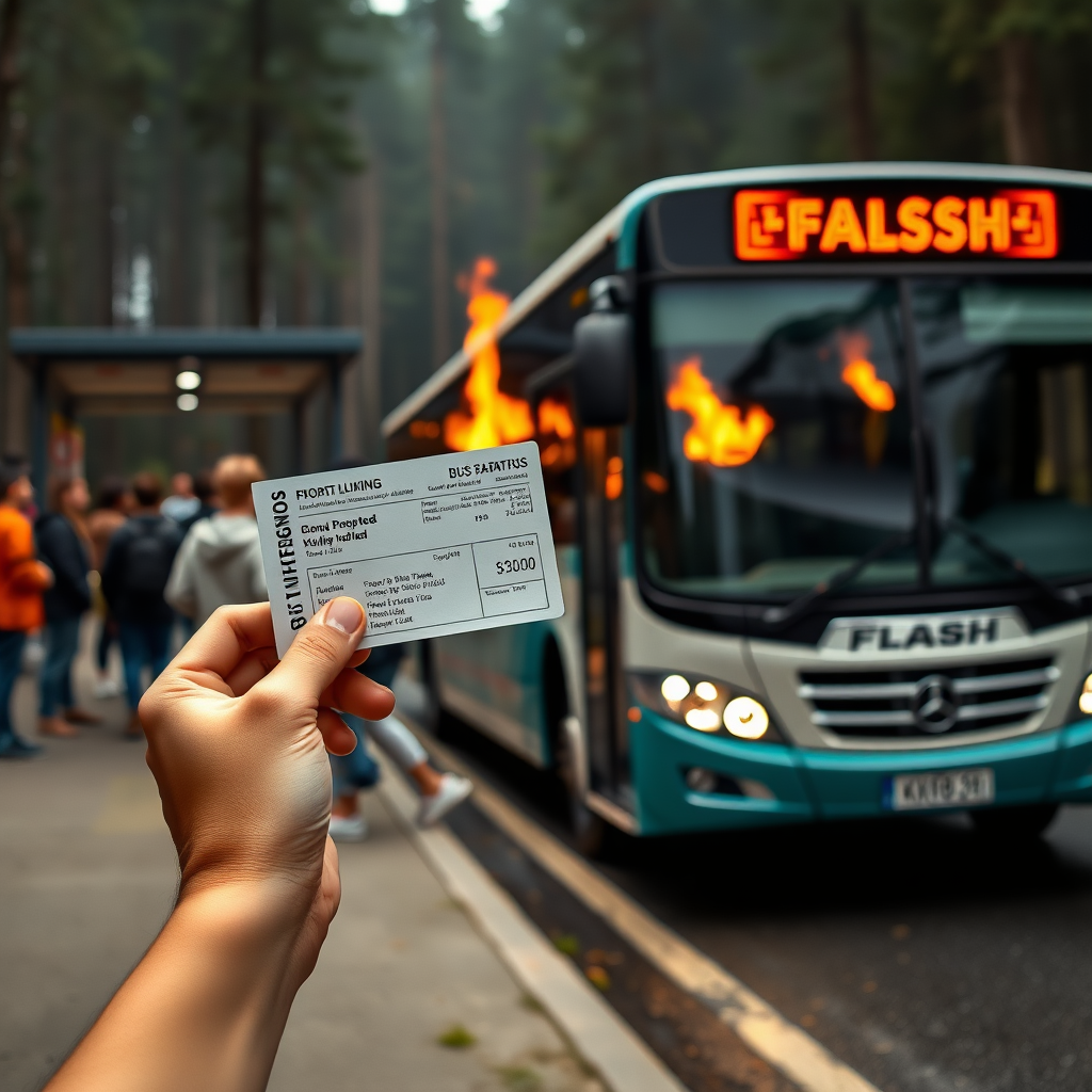 photo of a girl holding up a bus ticket. She stands at a crowded bus stop near a lake in the forest. In the background, a bus labelled "FLASH" is speeding to the bus stop. The bus is burning and leaves traces of fire and oil.