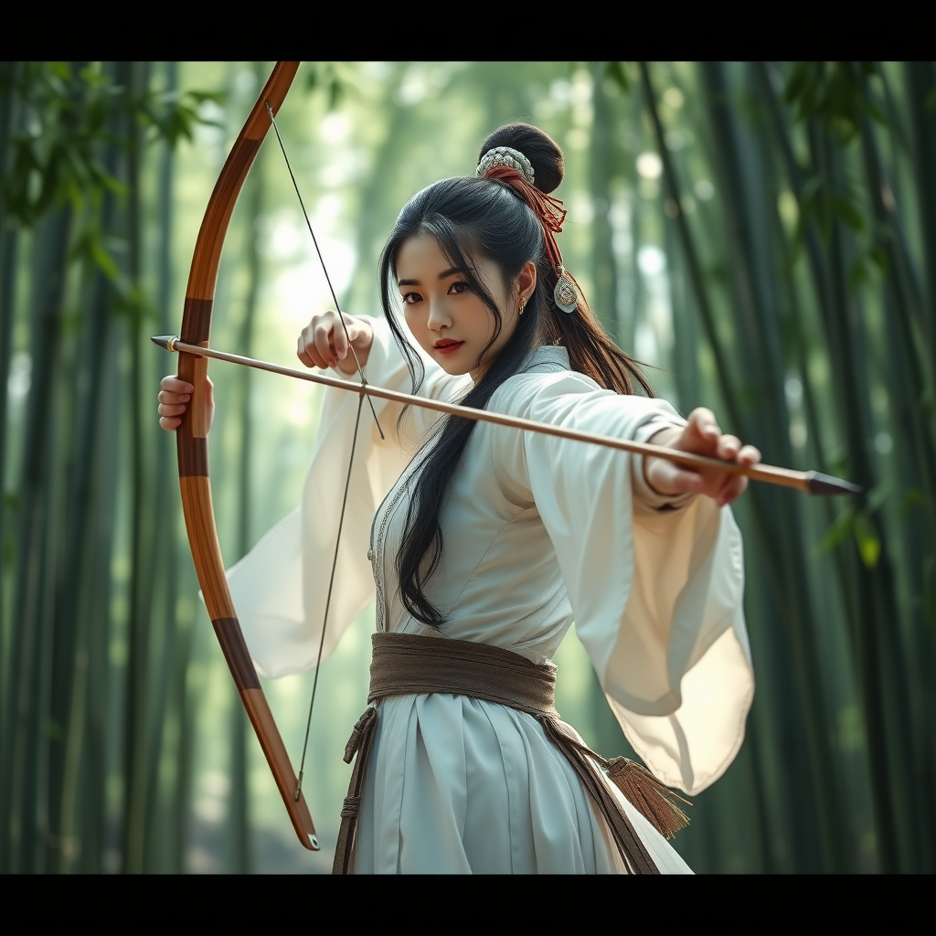 From a full-body perspective, a beautiful woman in the Tang Dynasty of China, a chivalrous man, dressed in white, pulled open her bow and arrow, and was in the bamboo forest. Movie poster, game cg.