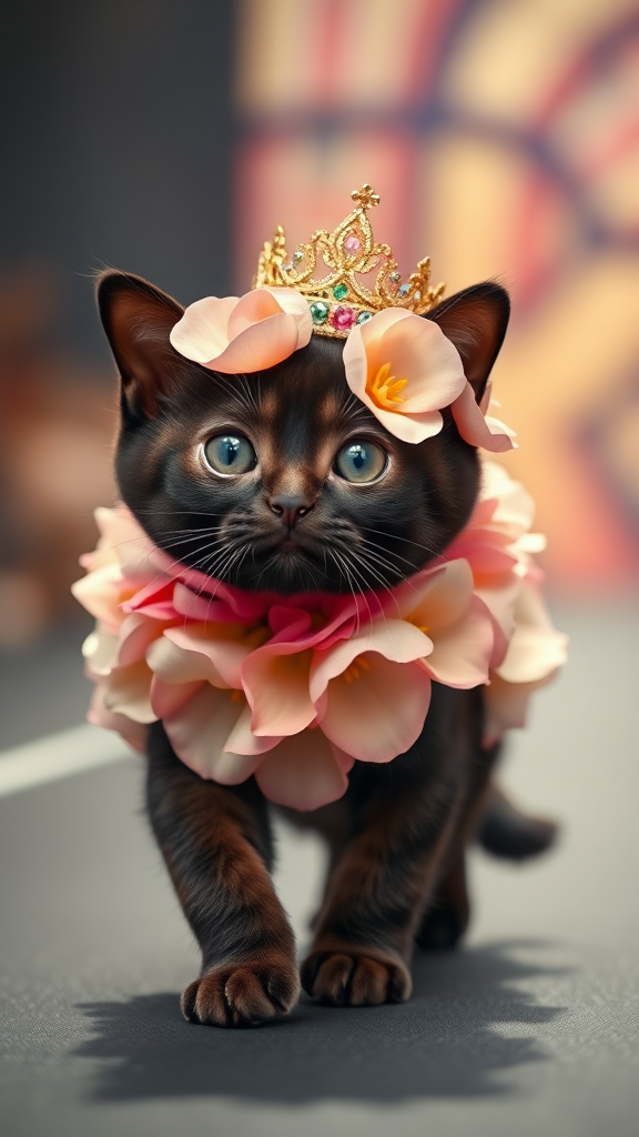 A little chubby cat with big eyes and a pink nose, black in color, walking on two paws while wearing a real flower costume and a beautiful crown, doing a runway walk in a fashion show.