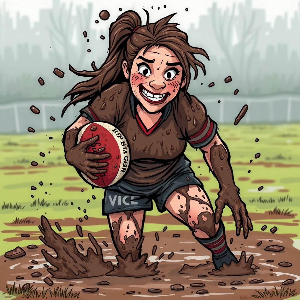 cartoon of very muddy woman rugby player, splattered and smeared head to toe with thick gooey mud, on a muddy rugby pitch