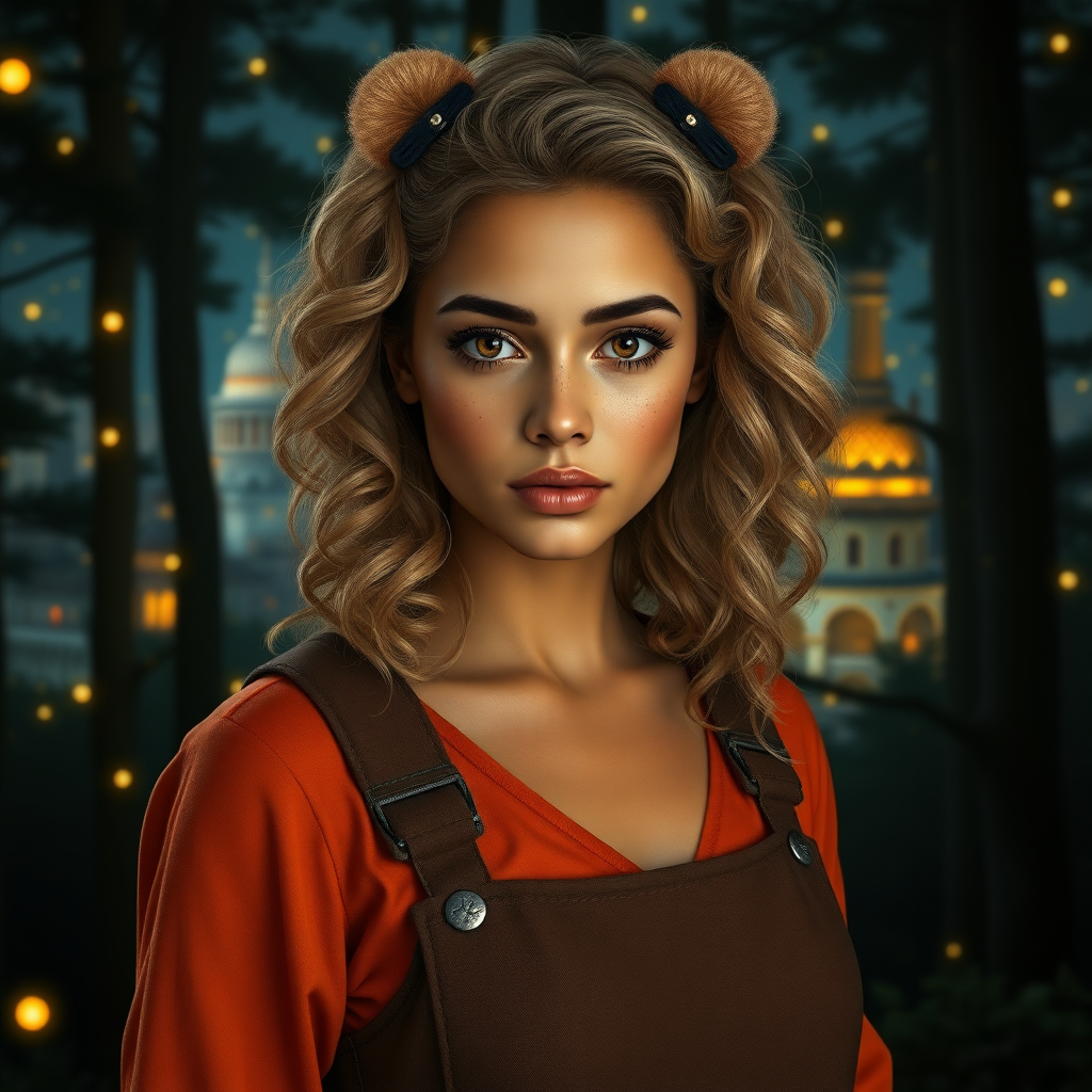 Create a realistic, detailed image of a 25-year-old woman with olive skin. His eyes are amber and orange in color. Her hair is voluminous and curly to her shoulders. She has delicate features and her face is strong and cute at the same time. She wears a brown jumpsuit and an orange blouse underneath. He has freckles on his face. It's in the middle of a dark forest, lit by fireflies that glow softly. In the background, a city with fantastic architecture, giving a magical touch to the scene. The image must be extremely realistic, capturing every detail with precision and 8k quality. It looks like a photograph." Extremely realistic. 25 years old. She wears a bear clip on her head. Beautiful. Beautiful. Extremely realistic. Beautiful appearance. Shiny golden blonde hair.