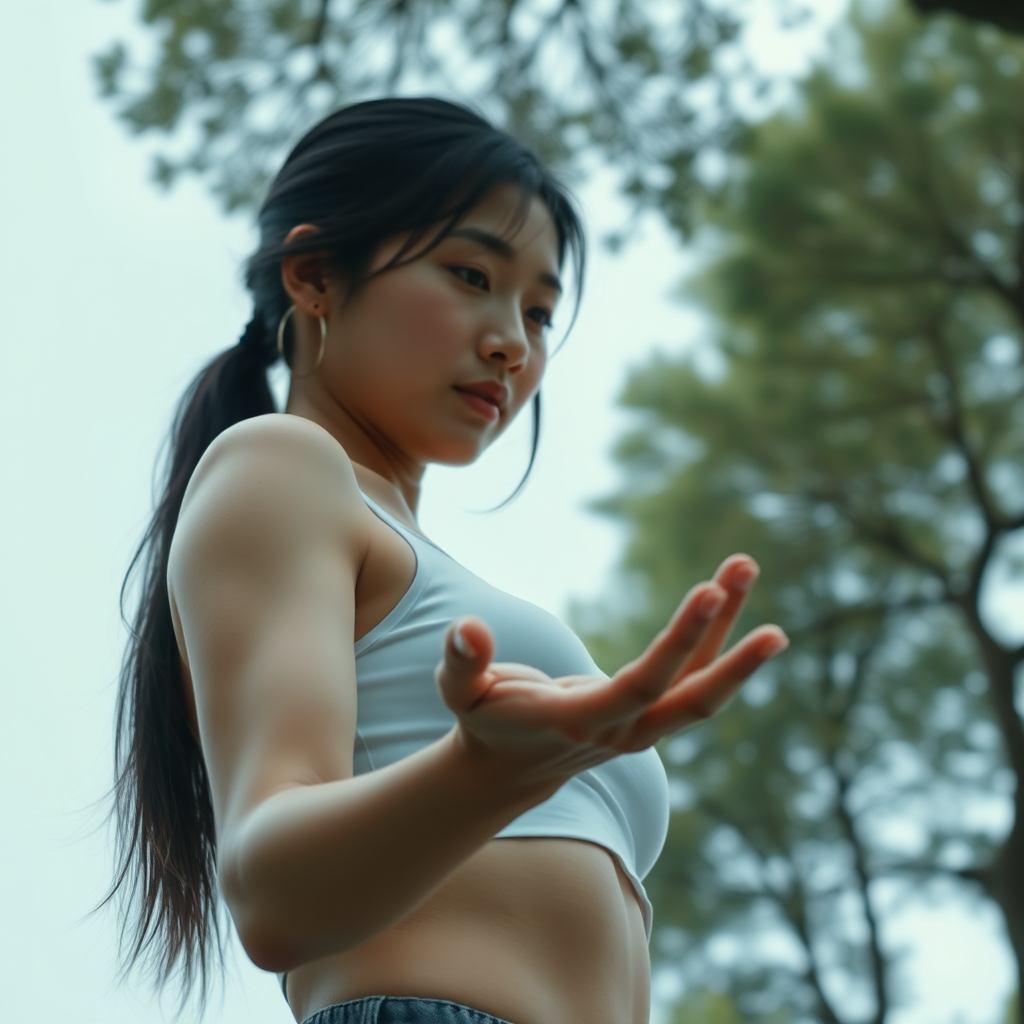 Photorealistic full body low angle shot athletic Korean woman holds her arm outstretched, looking at something resting on her palm. Above her are the tops of trees. Negative: bad anatomy.