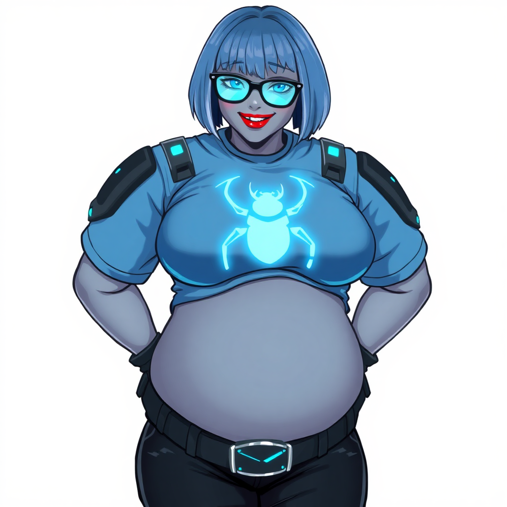 A 28-year-old, full-figured, metallic middle gray skinned cyberpunk computer program hybrid with a short maximum blue bob cut. She has a non-athletic build, highlighted by a prominent, round midsection (with a focus on her round belly). As a digital sidekick to her cyberpunk vigilante boyfriend, her middle gray metallic skin and maximum blue lipstick emphasize her digital nature. She wears a digital, computerized costume consisting of a huge, tight-fitting, neon blue glowing, digital armored, maximum blue t-shirt (accentuating her round belly) with a neon blue glowing chest icon of a beetle, black digital pants, a black belt with a neon blue glowing digital beetle buckle, and black hi-tech gloves. Her bright blue eyes, black eyeglasses with a neon blue lensed HUD, and shy smile with neon red blush accentuate her nerdiness. She bashfully bows her head (while still facing the screen) with her hands behind her back, her t-shirt covers her midsection (especially her belly) and emphasizing her full-figured, non-athletic physique. She is on a solid white background. She is drawn as if she was in a retro 2D cyberpunk fighting game. She is clearly non-athletic, with a focus on her full figure. Make sure her costume covers all of her bare skin (especially her round belly).