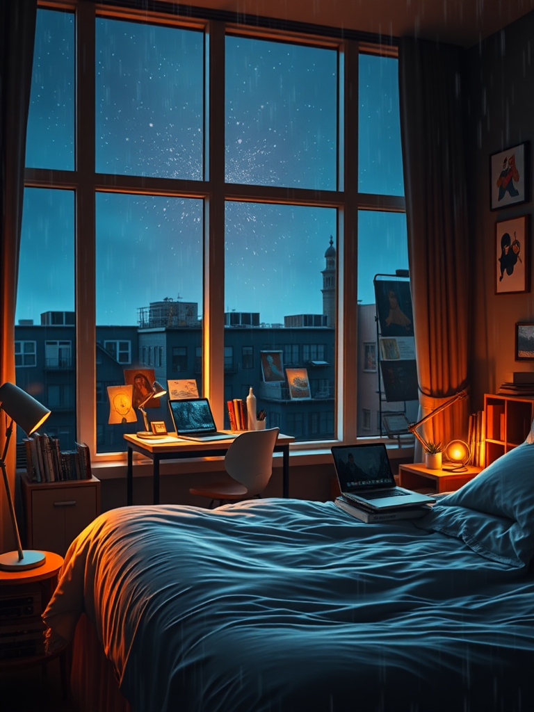 As night falls, a large window reflects the warm light of the room, playfully contrasting with the starlight outside. Inside the room, a large bed is covered with a soft quilt, and on the bedside table sits a laptop that is charging. The bedside lamp emits a gentle glow, illuminating a nearby small bookshelf filled with various types of books. In one corner of the room is a workspace, with a table adorned with various office supplies and decorations, while art pieces hang on the walls, filling the entire space with an atmosphere of art and life. Real, realistic, rainy day.