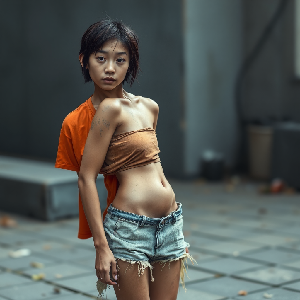 A young unwashed, neglected, homeless, unhygienic-looking, unusually slim, almost anorexic Asian woman. Depicted as a whole person. Largely erotic but with a sad and mystical expression on her face. The Asian woman is wearing a torn, old, transparent, very short, belly-baring piece of cloth and a completely tattered, shredded, very old short pair of shorts. Shame is evident in her very Asian eyes. In front of her stands a 60-year-old German man. The good-looking German, who appears youthful and well-groomed, looks at the Asian woman as if offering his help. The German man is clean-shaven and slim, has a normal fashionable haircut, his hair is dark brown, he wears a new nice simple orange shirt with a subtle pattern and new blue jeans. The German man looks friendly and smiles a little, looking at the Asian woman kindly, as if she were his daughter. The Asian woman can hardly meet the German man's eyes out of shame. The Asian woman's belly is slightly "inward" due to hunger. Her navel is always visible. The Asian woman has a very nice, normal physique. She has a very slight wound on her face. She looks as if she is about to cry. She looks pitiful, sad, and utterly hopeless!