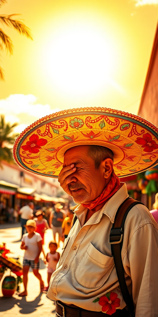 In a vibrant, sun-soaked plaza in a bustling Mexican village, a large, colorful sombrero hat, adorned with intricate embroidered patterns in vivid reds, greens, and yellows, provides a generous shadowy cover over the head and body of a weary traveler. The sun blazes fiercely overhead, its golden rays creating golden flecks in the air, while the brim of the sombrero gently sways with the soft breeze, rustling the nearby hibiscus flowers. Underneath the wide brim, the traveler, wearing a light cotton shirt stained with the dust of the road, wipes the sweat from their brow. The scent of sizzling street food wafts through the air, mingling with the faint sound of mariachis playing a lively tune in the background. Children’s laughter echoes as they chase each other around vibrant market stalls filled with colorful textiles and pottery, creating an atmosphere rich with culture and life.