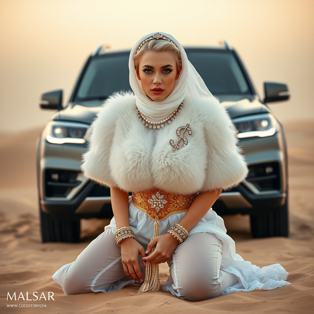 Kuwait desert dunes misty dawn, full size luxury SUV: Melissa, European 17 years old very convincing femboy “trophy-bimbo”, tamed servile docile, very beautiful feminine flawless face, rather short, by hormones very curvaceous womanly figured, platinum blond short tight curls, bold red lips, heavily made-up face, wearing Supertanya-style fluffy very fuzzy bright white angora turtleneck-poncho cropped ending under bust decorated with pearls and gemstones, striking oriental wide gold bridal protection belt, white fully transparent harem pants, full Oriental bridal jewelry including headpiece, white transparent Burka face veil covering noose and mouth, coin anklets, striking diamond “$$$” letter brooch on left chest, pout frustrated, hands tied behind back, kneeling in sand in front of SUV, looking at camera. Focus on face and turtleneck-poncho.