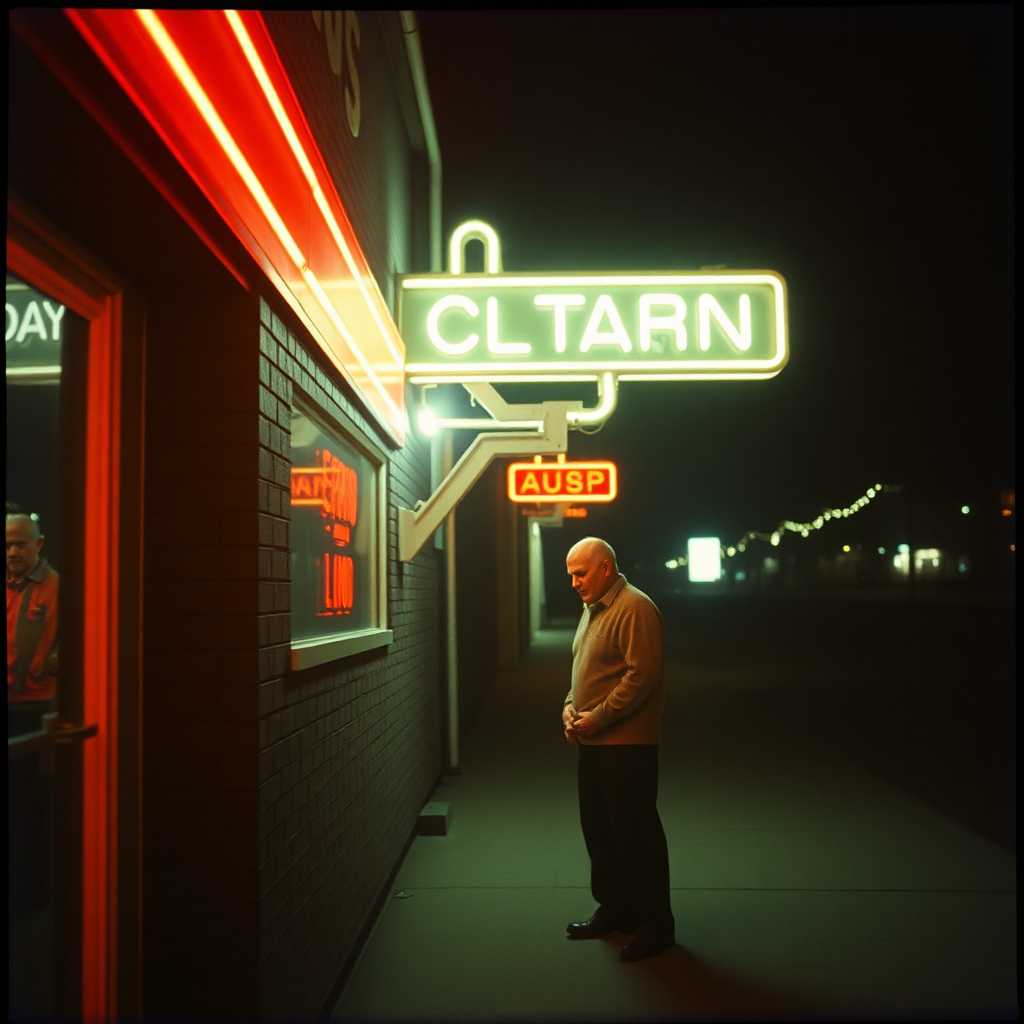 Highly detailed Kodachrome color real photograph from 1974 of Though man-made light, at night is very bright  
There's no whitewash victim  
As the neons dim, to the coat of white  
Rael, Imperial Aerosol Kid  
Wipes his gun, he's forgotten what he did  